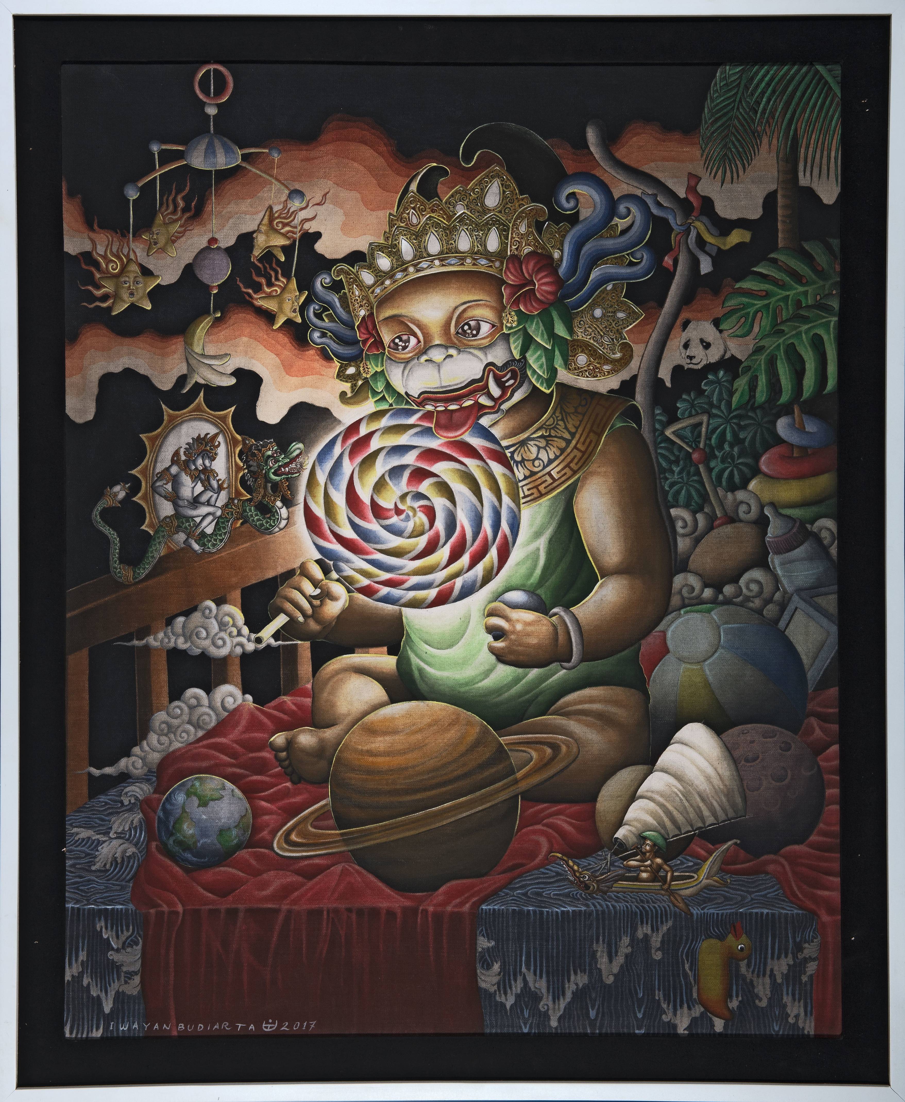 This painting is a contemporary retelling of the story of Hanuman eating the sun. © I Wayan Budiarta. Courtesy of  Liefkes-Weegenaar Fonds. (7132-5)