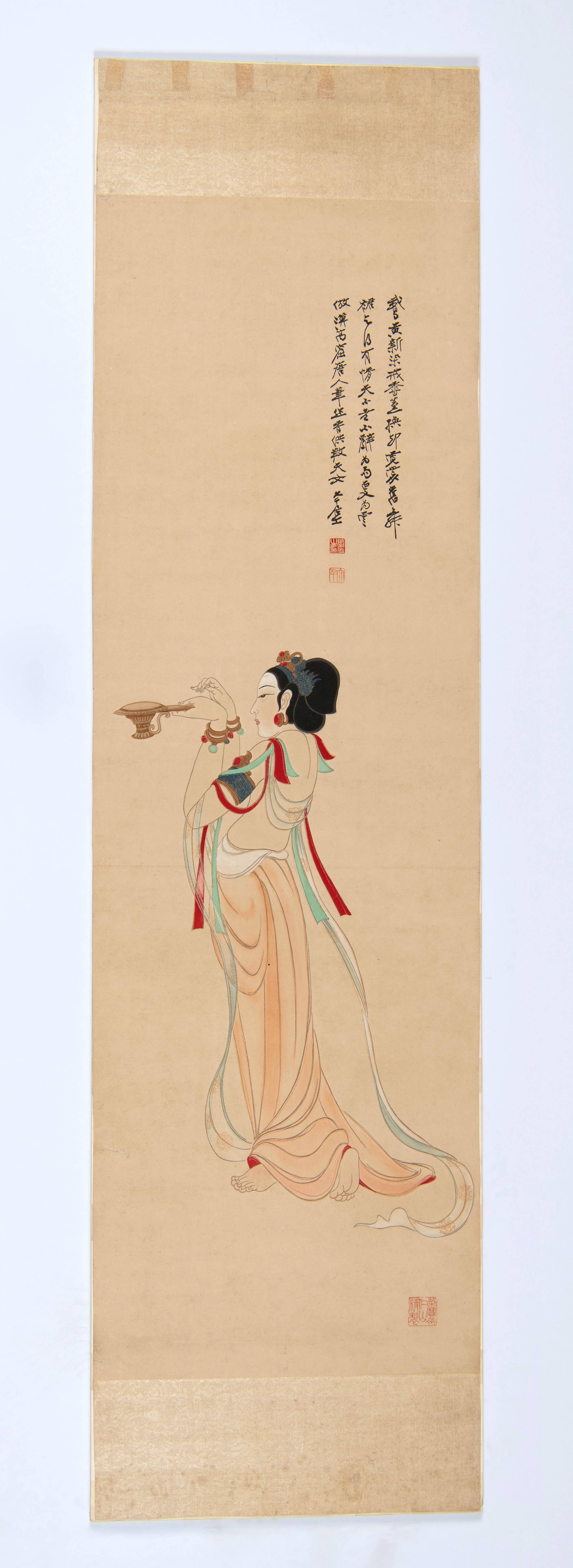 Rongbaozhai’s geblokdrukte schildering De offerbrenger van Dunhuang, ca. 1945–1964. Wereldmuseum (7304-7)