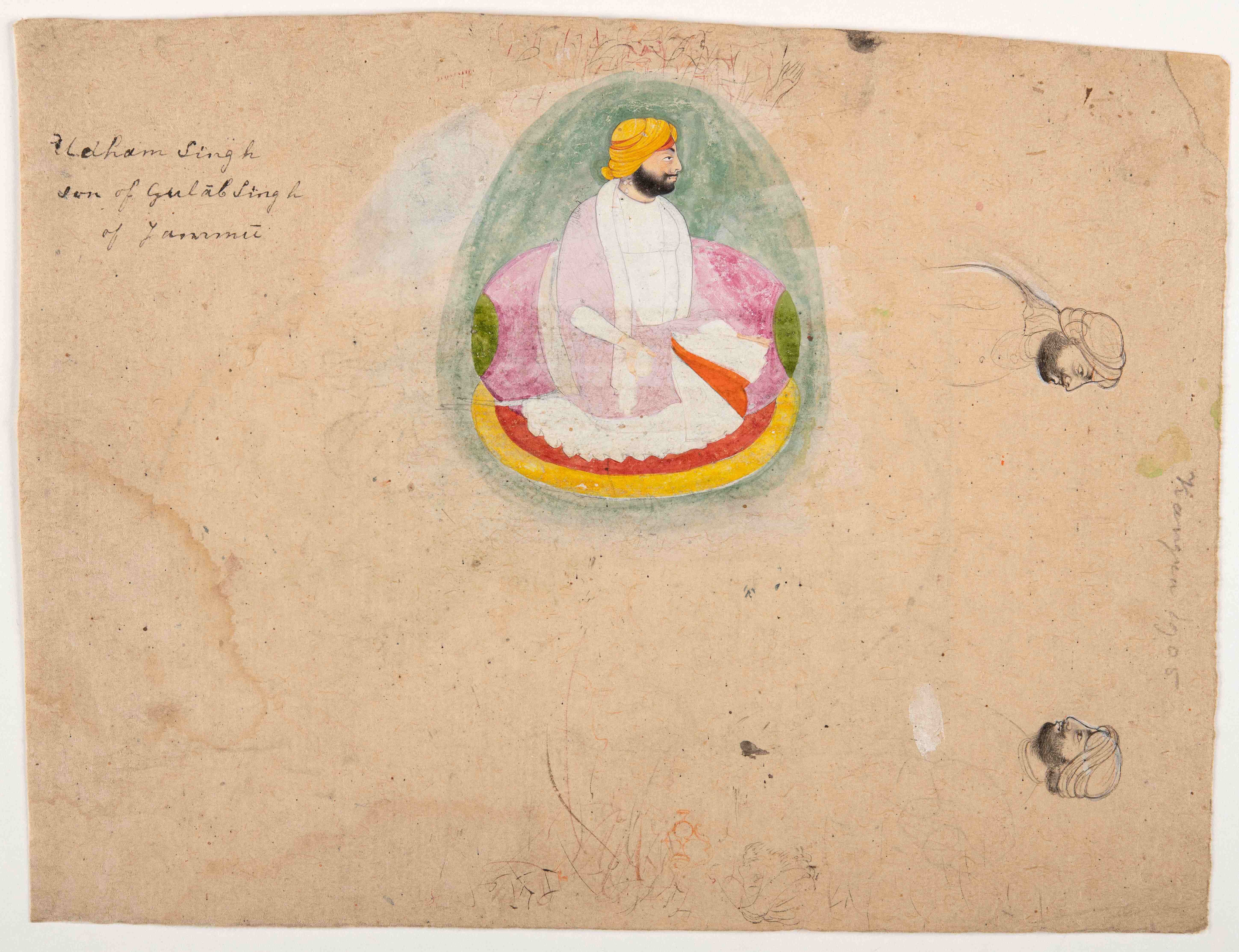 Portrait of a Sikh ruler, probably Udham Singh son of Gulab Singh of Jammu. There are two small portraits drawn with black ink. (RV-3025-37 verso)