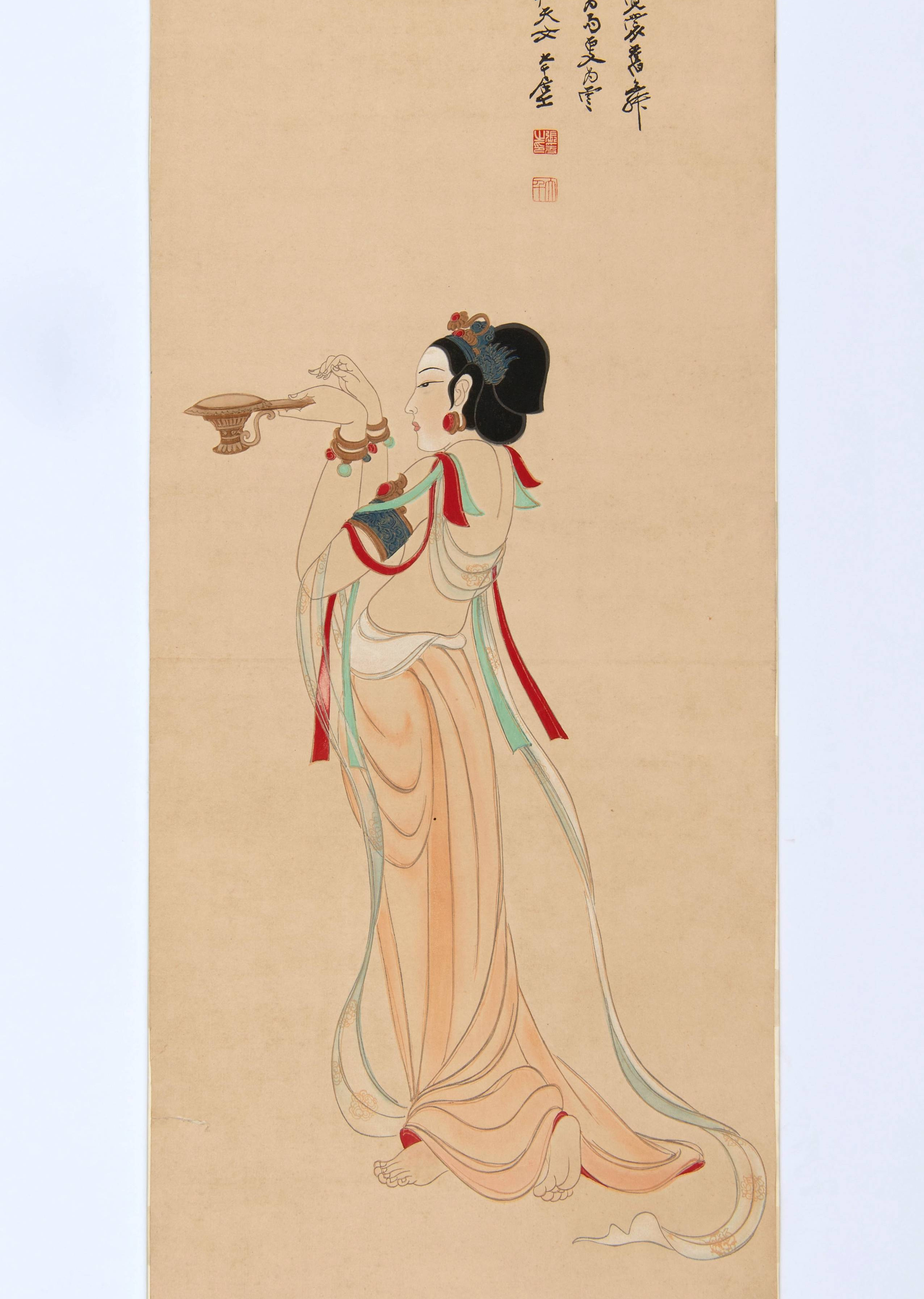 Rongbaozhai’s geblokdrukte schildering De offerbrenger van Dunhuang, ca. 1945–1964. Wereldmuseum (7304-7)