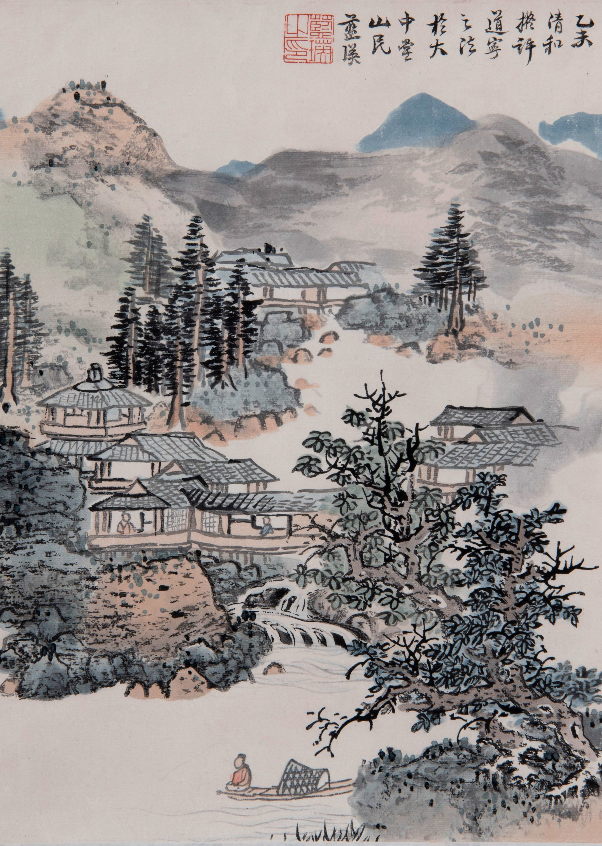 Rongbaozhai houtblokdruk (1955) van Lan Ying’s Luisteren naar het geluid van de bron, uit 1655, rolschildering, op papier gedrukt, 31 x 25 cm (RV-3873-8)