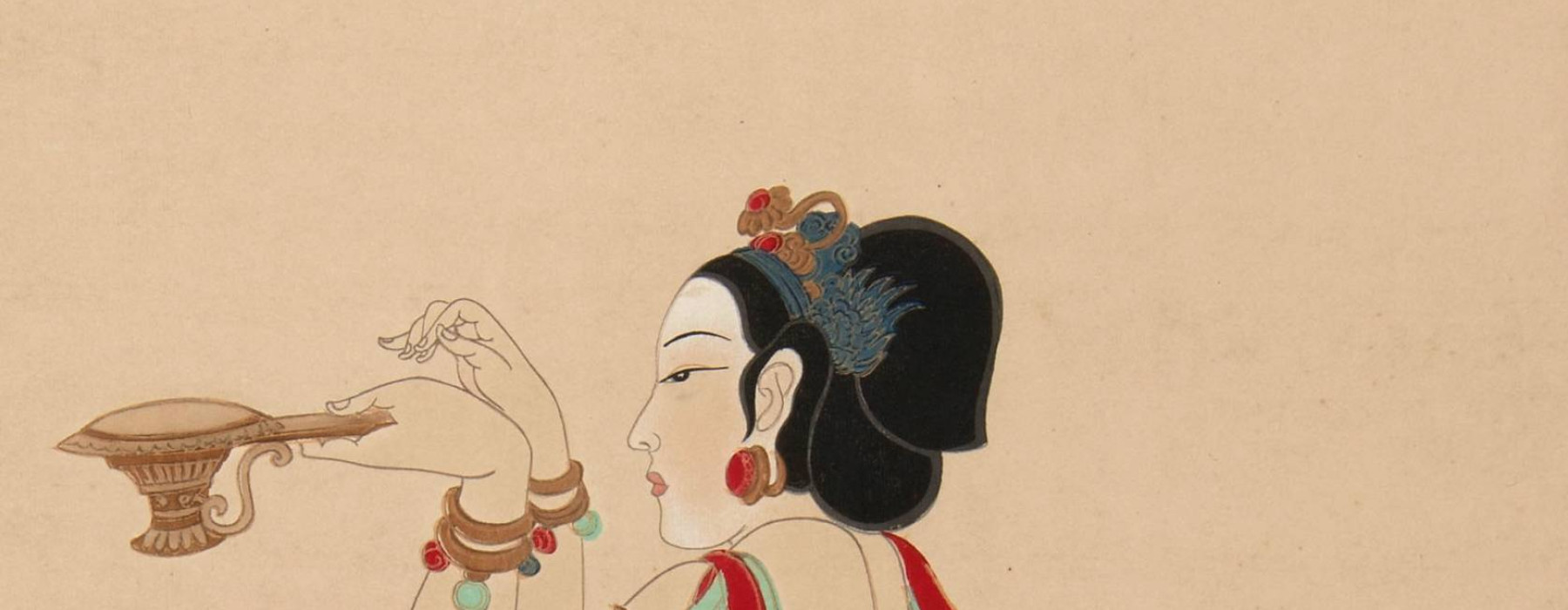 Rongbaozhai’s geblokdrukte schildering De offerbrenger van Dunhuang, ca. 1945–1964. Wereldmuseum (7304-7)
