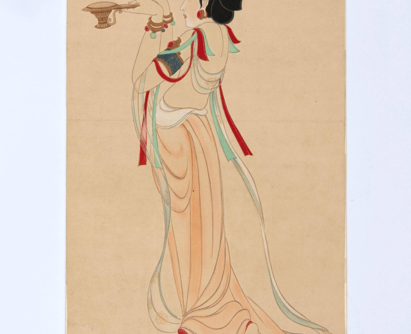Rongbaozhai’s geblokdrukte schildering De offerbrenger van Dunhuang, ca. 1945–1964. Wereldmuseum (7304-7)