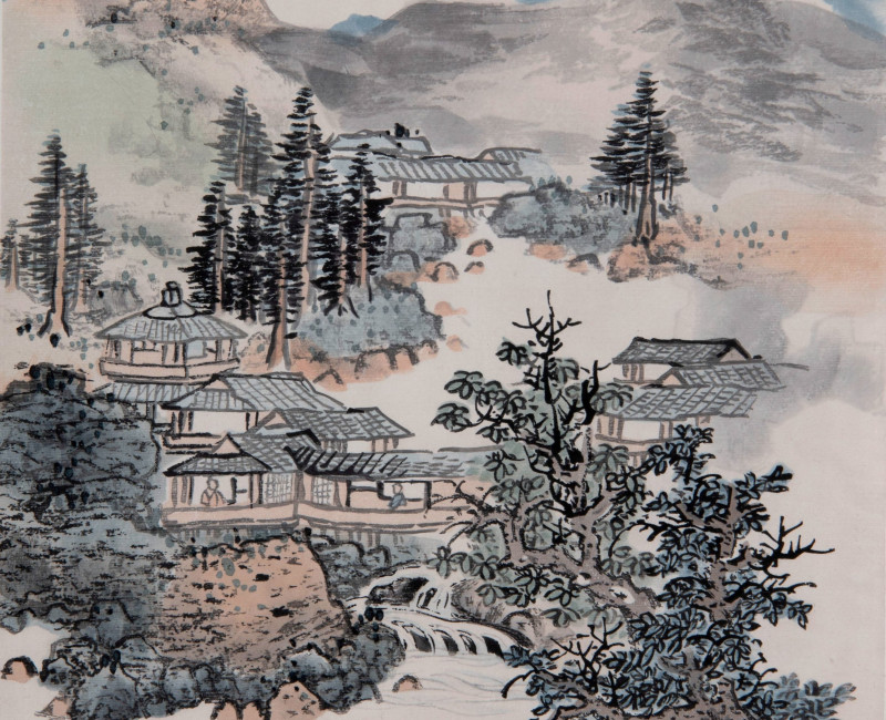 Rongbaozhai houtblokdruk (1955) van Lan Ying’s Luisteren naar het geluid van de bron, uit 1655, rolschildering, op papier gedrukt, 31 x 25 cm (RV-3873-8)
