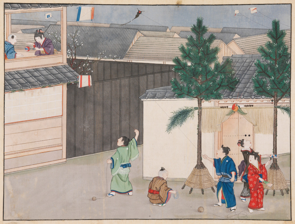 Kinderen bij verschillende Nieuwjaarsspellen, zoals vliegeren, pluimbal, en balspelen. Kawahara Keiga, Nagasaki, Japan, 1825-1829, RV-1-4480-11 