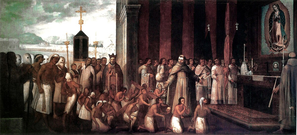 Processie van Tlaltelolco naar Tepeyac, waarbij de Maagd van Guadalupe wordt gesmeekt om de pest te bezweren, 1554. Onbekende maker. In Museo de la Basílica de Guadalupe.