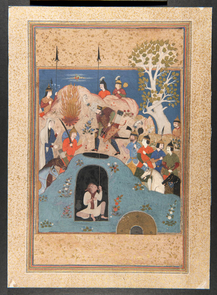 Miniatuurschildering (ca. 1600) die een episode uit de Shahnameh illustreert: De held Rostam bevrijdt de jonge Bizhan uit een diepe kuil waar hij door de vader van zijn geliefde prinses Manizheh in was gegooid. De prinses trok Rostam’s aandacht door een hoog vuur te maken. (RV-2103-1)