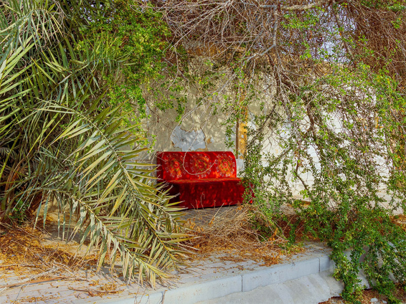 What Remains:  An abandoned red sofa rests beneath overgrown branches outside a residence in an old neighborhood of Doha, Qatar, February 28, 2026.