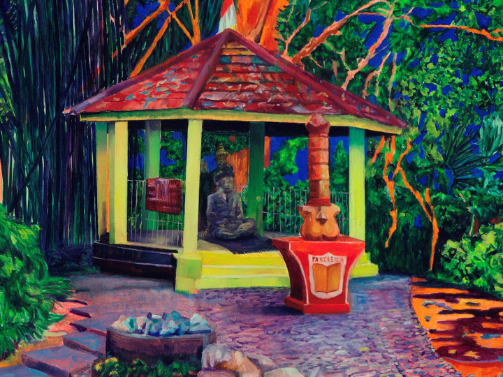Zico Albaiquni, Ruwatan Tanah Air Beta, Reciting Rites in its Sites, 2019. Olieverf en synthetische verfstof op canvas, ca. 200 × 600 cm.