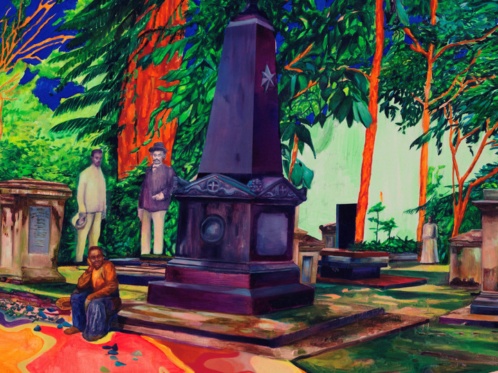 Zico Albaiquni, Ruwatan Tanah Air Beta, Reciting Rites in its Sites, 2019. Olieverf en synthetische verfstof op canvas, ca. 200 × 600 cm.