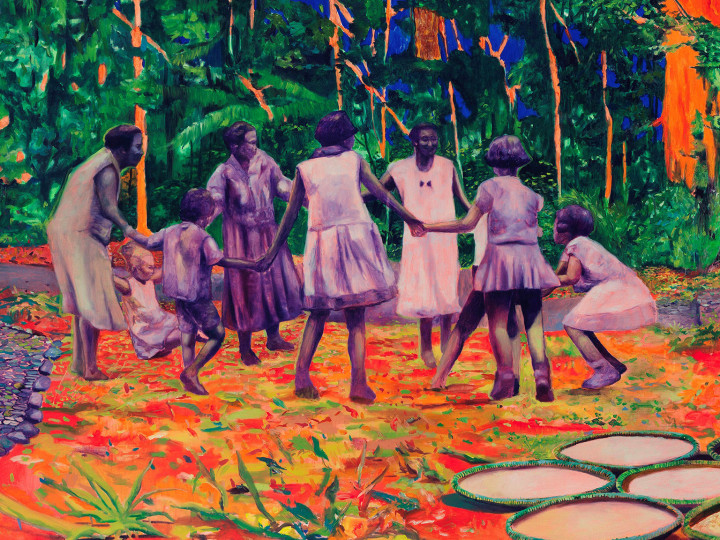 Zico Albaiquni, Ruwatan Tanah Air Beta, Reciting Rites in its Sites, 2019. Olieverf en synthetische verfstof op canvas, ca. 200 × 600 cm.